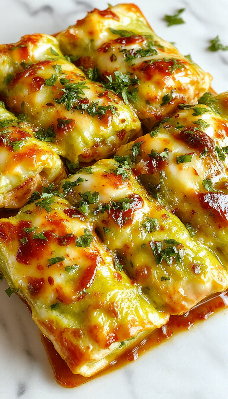 A close-up of vibrant green chicken and cream cheese enchiladas plated on a rustic white dish. The enchiladas are draped in rich, glossy green sauce and garnished with fresh cilantro leaves. The creamy interior is slightly visible through the rolled tortillas, showcasing the chicken and cream cheese filling. The background features a wooden table with a scattering of chopped cilantro and a small bowl of green sauce.