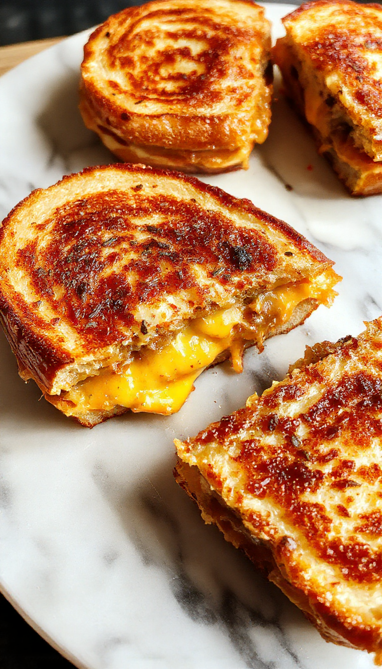 A close-up of two golden-brown grilled cheese patty melts, with melted cheese oozing out from between toasted bread slices. The sandwiches are stacked neatly on a rustic wooden plate, topped with a light sprinkle of herbs and served alongside crispy potato chips and a small bowl of pickles. The background features a blurred cozy kitchen setting with warm lighting, emphasizing the comfort and deliciousness of the meal.