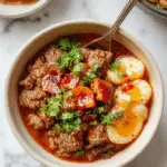 A vibrant and appetizing ground beef hot honey bowl presented in a deep white ceramic bowl. The dish features seasoned ground beef topped with a drizzle of golden hot honey, garnished with finely chopped green herbs and bright red chili flakes. The beef has a slightly crispy texture, and the honey glaze adds a glossy sheen. The bowl is set on a rustic wooden table, accompanied by fresh greens and lime wedges, with a sprinkle of sesame seeds around the plate for added texture.