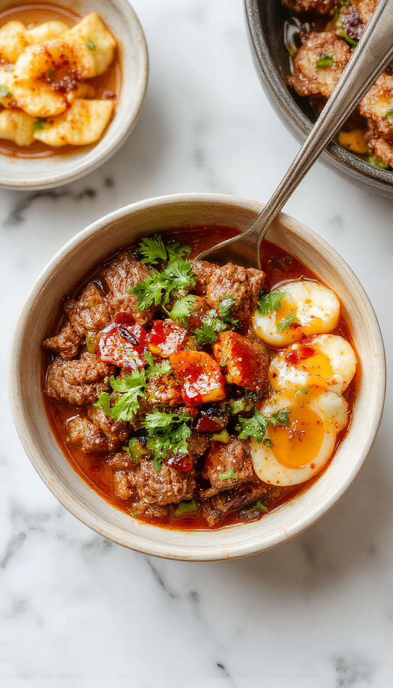 A vibrant and appetizing ground beef hot honey bowl presented in a deep white ceramic bowl. The dish features seasoned ground beef topped with a drizzle of golden hot honey, garnished with finely chopped green herbs and bright red chili flakes. The beef has a slightly crispy texture, and the honey glaze adds a glossy sheen. The bowl is set on a rustic wooden table, accompanied by fresh greens and lime wedges, with a sprinkle of sesame seeds around the plate for added texture.