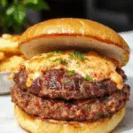 A juicy hamburger steak served on a white plate, topped with rich gravy and garnished with fresh parsley. The steak has a perfectly browned crust with a tender interior, accompanied by sides of mashed potatoes and steamed vegetables, all styled in a rustic yet elegant setting.