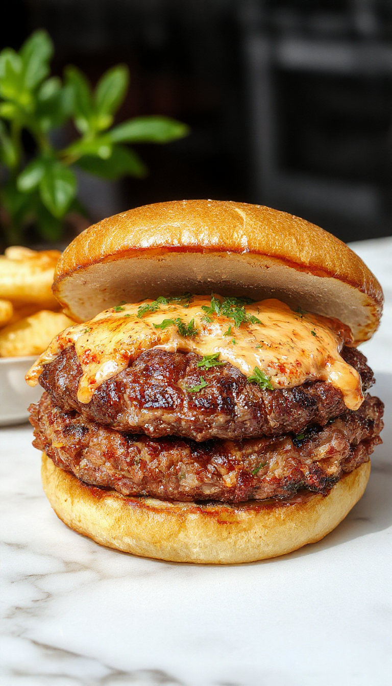 A juicy hamburger steak served on a white plate, topped with rich gravy and garnished with fresh parsley. The steak has a perfectly browned crust with a tender interior, accompanied by sides of mashed potatoes and steamed vegetables, all styled in a rustic yet elegant setting.