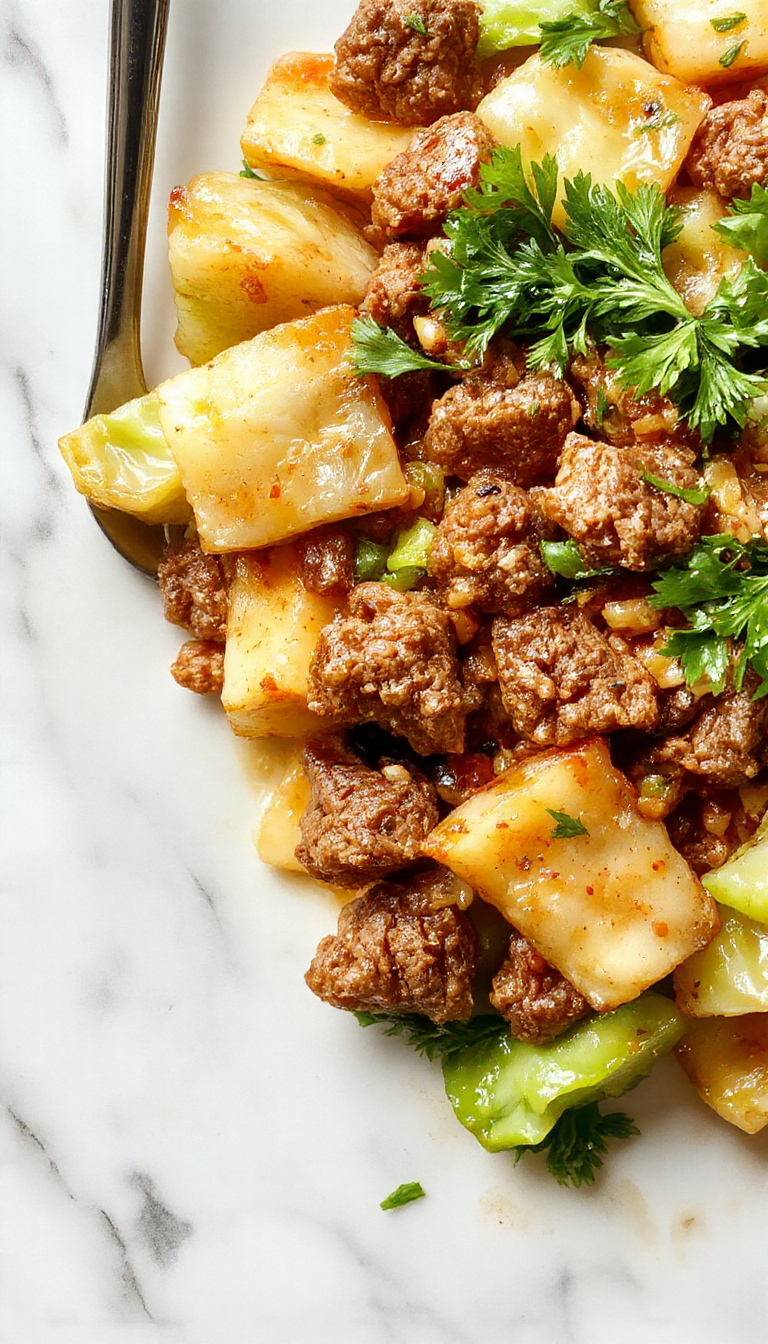 A vibrant stir-fry dish featuring tender ground beef and finely shredded cabbage, glazed with a savory sauce, served on a white plate with chopped green onions garnishing the top. The dish is arranged neatly, showcasing the colorful contrast between the beef's rich brown and the cabbage's pale green and white hues, with a hint of steam rising from the warm meal.