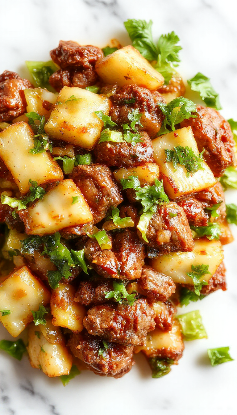 A vibrant stir fry dish in a black wok featuring shredded green cabbage, tender ground beef, sliced carrots, and chopped green onions, glazed with a glossy sauce. The dish is steaming hot, with colorful vegetables contrasting against the savory beef, and garnished with sesame seeds and fresh herbs.