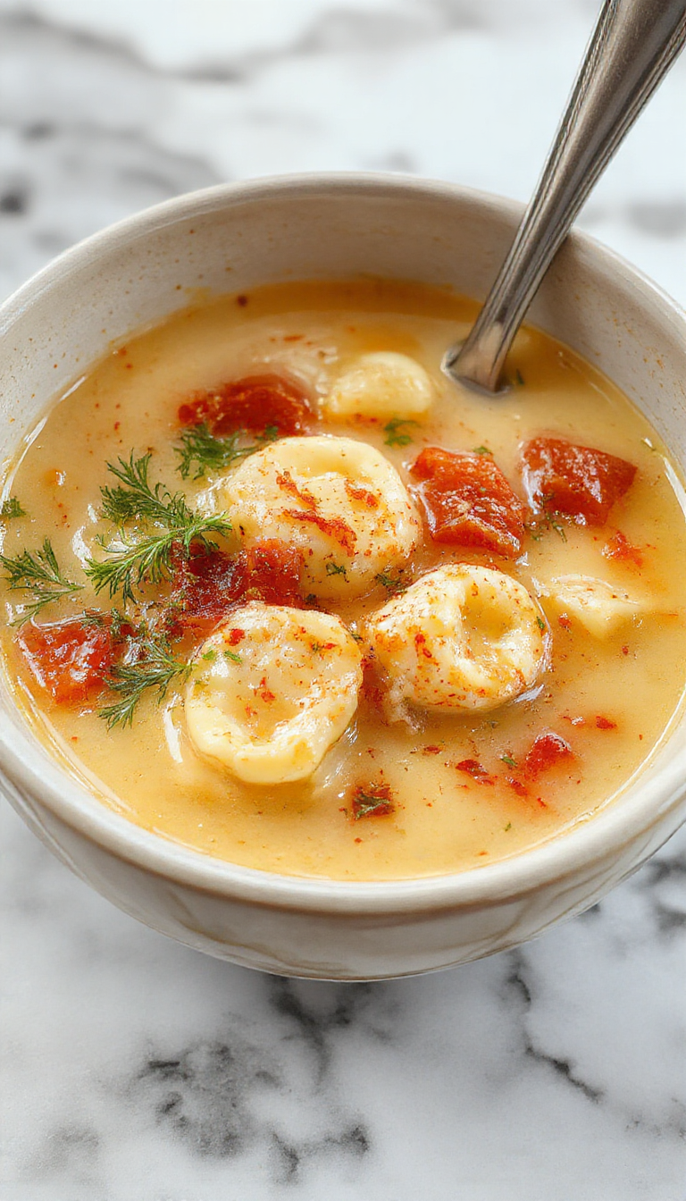 A steaming bowl of tortellini soup featuring plump, golden tortellini floating in a vibrant, aromatic vegetable broth garnished with fresh herbs, served in a rustic white bowl on a wooden table with a spoon resting beside it.