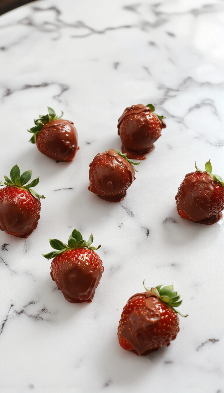 A close-up of a chocolate turkey made from strawberries, with rich brown chocolate coating mimicking feathers, and decorated with small candies for details. The strawberry base is visible beneath the chocolate, and the dessert is artfully arranged on a festive plate with fall-themed decorations around.