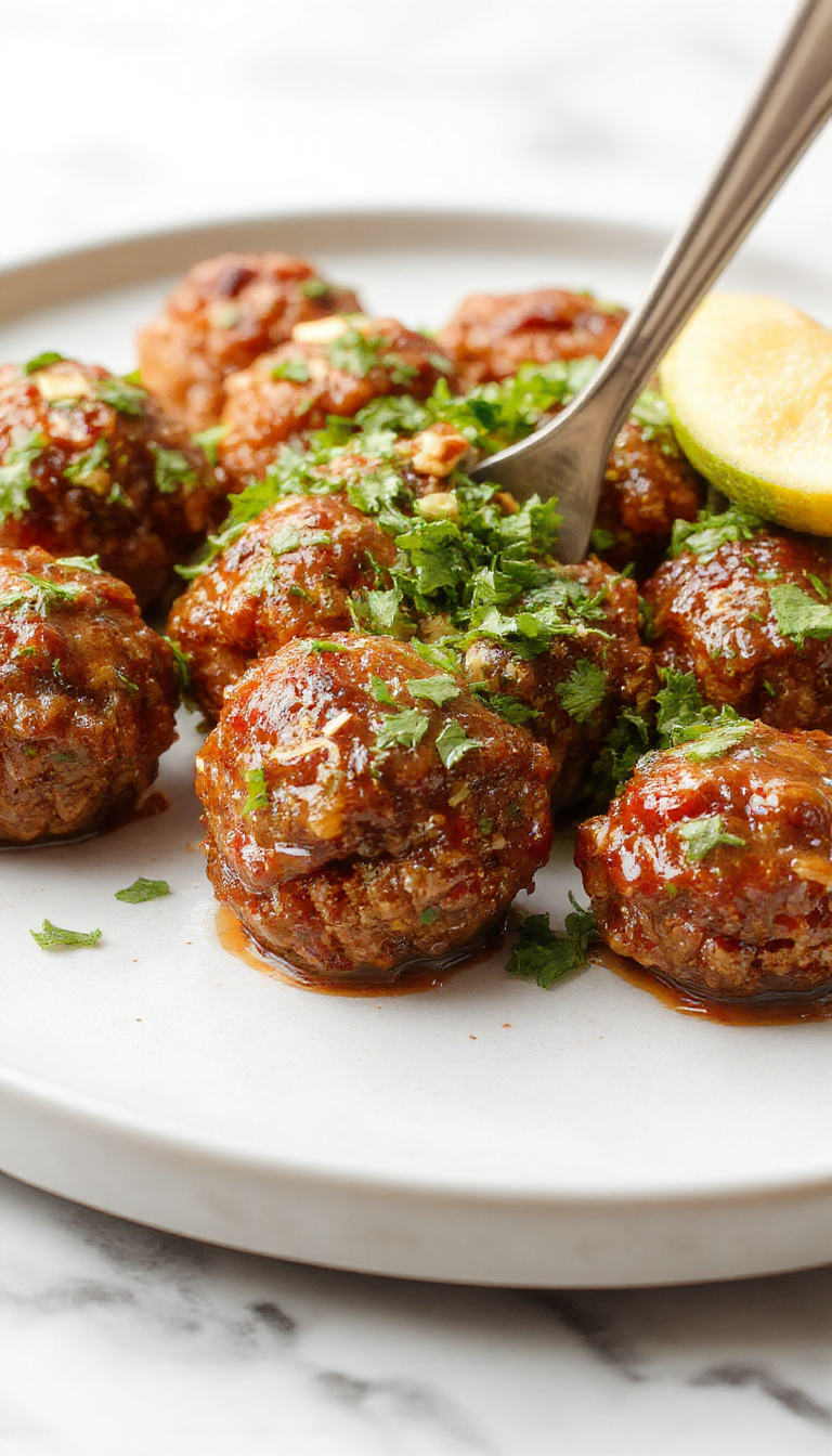A close-up of a platter filled with glossy, grilled barbecue meatballs glazed with rich sauce, garnished with herbs, and arranged neatly on a rustic wooden board.