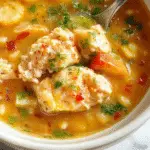 A steaming bowl of homemade chicken and rice soup featuring tender shredded chicken, plump rice grains, and colorful vegetables like carrots and celery, garnished with fresh herbs. The soup is served in a rustic white bowl placed on a wooden table, with steam rising, highlighting its warmth and comforting appeal.