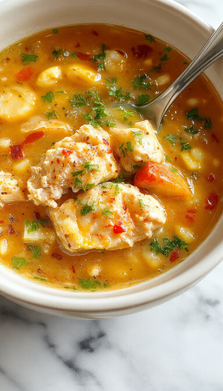 A steaming bowl of homemade chicken and rice soup featuring tender shredded chicken, plump rice grains, and colorful vegetables like carrots and celery, garnished with fresh herbs. The soup is served in a rustic white bowl placed on a wooden table, with steam rising, highlighting its warmth and comforting appeal.