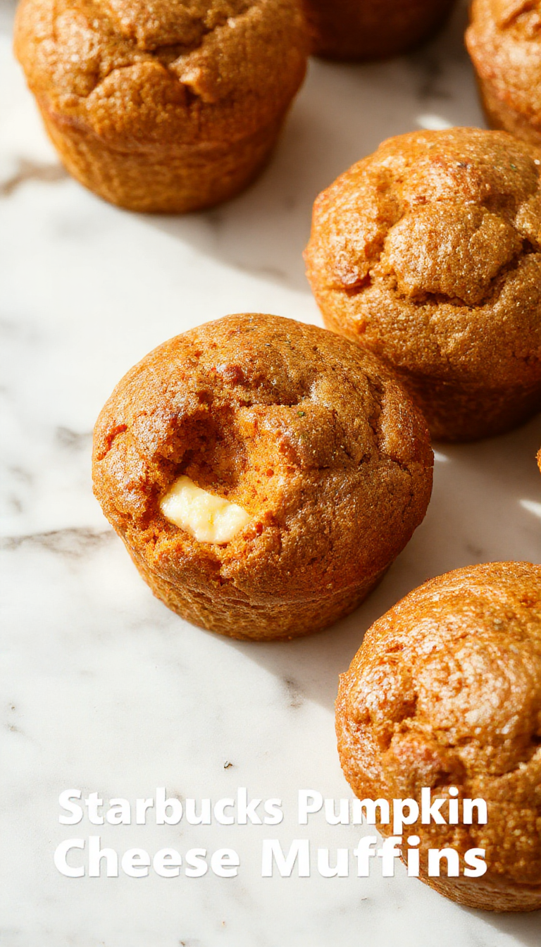 A close-up of a golden-brown pumpkin cream cheese muffin placed on a rustic wooden surface, with a generous swirl of cream cheese filling visible on top. The muffin is slightly cracked, revealing the moist interior flecked with pumpkin spices. In the background, a few more muffins are arranged on a plate, alongside a small bowl of cream cheese frosting and a cinnamon stick, all bathed in warm, natural lighting.