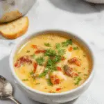 A bowl of Zuppa Toscana Soup showcasing a creamy, golden broth filled with slices of sausage, chopped kale, and tender potatoes, garnished with a sprinkle of grated Parmesan, served on a rustic wooden table with a slice of crusty bread on the side.
