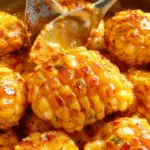 A close-up of a golden skillet filled with sweet, caramelized corn kernels coated in glossy honey butter, garnished with fresh chopped herbs and sprinkled with a dusting of sea salt, with a rustic wooden table and summer picnic setting in soft focus in the background.