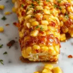 A close-up of a bubbling skillet of golden yellow corn kernels coated in glossy honey and melting butter, garnished with fresh herbs, with a rustic wooden table in the background