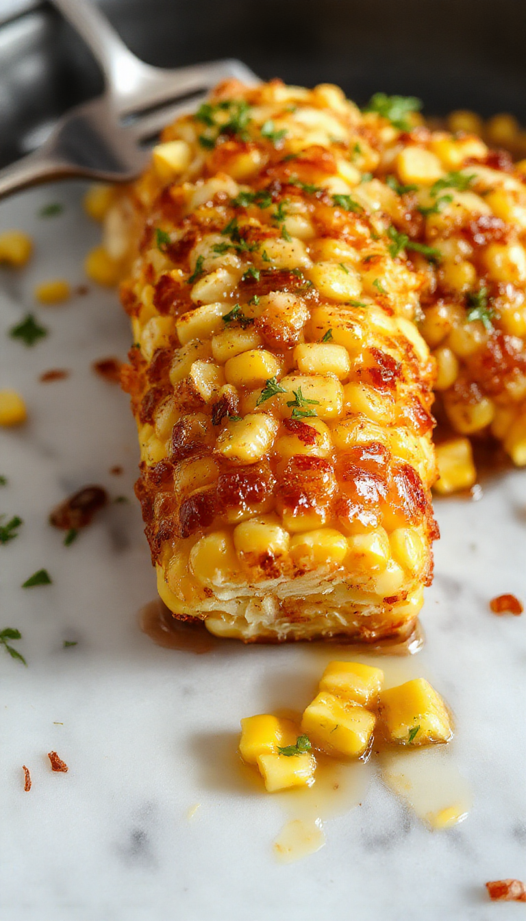 A close-up of a bubbling skillet of golden yellow corn kernels coated in glossy honey and melting butter, garnished with fresh herbs, with a rustic wooden table in the background