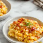 A golden-brown honey-glazed corn casserole topped with a drizzle of honey and garnished with fresh herbs, served in a rustic ceramic dish. The casserole has a crispy, slightly caramelized crust with visible corn kernels inside, displayed on a wooden table with a background of fresh corn and seasonal vegetables.