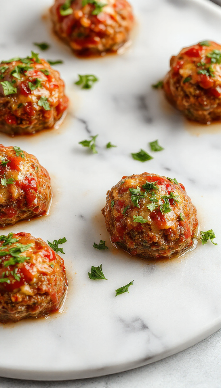 A close-up of a plate of golden-brown, glazed meatballs arranged neatly on a white ceramic dish. The meatballs are cooked to perfection with a slightly crispy exterior, garnished with freshly chopped parsley. In the background, a small bowl of marinara sauce is visible, adding vibrant red color contrasts. The overall presentation emphasizes the texture and inviting appeal of homemade meatballs, with steam gently rising to suggest warmth and freshness.