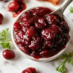 A vibrant bowl of deep red homemade cranberry sauce garnished with fresh cranberries and orange zest, served on a rustic wooden platter with a silver spoon and a sprig of mint, contrasting with a light-colored background and a festive table setting.