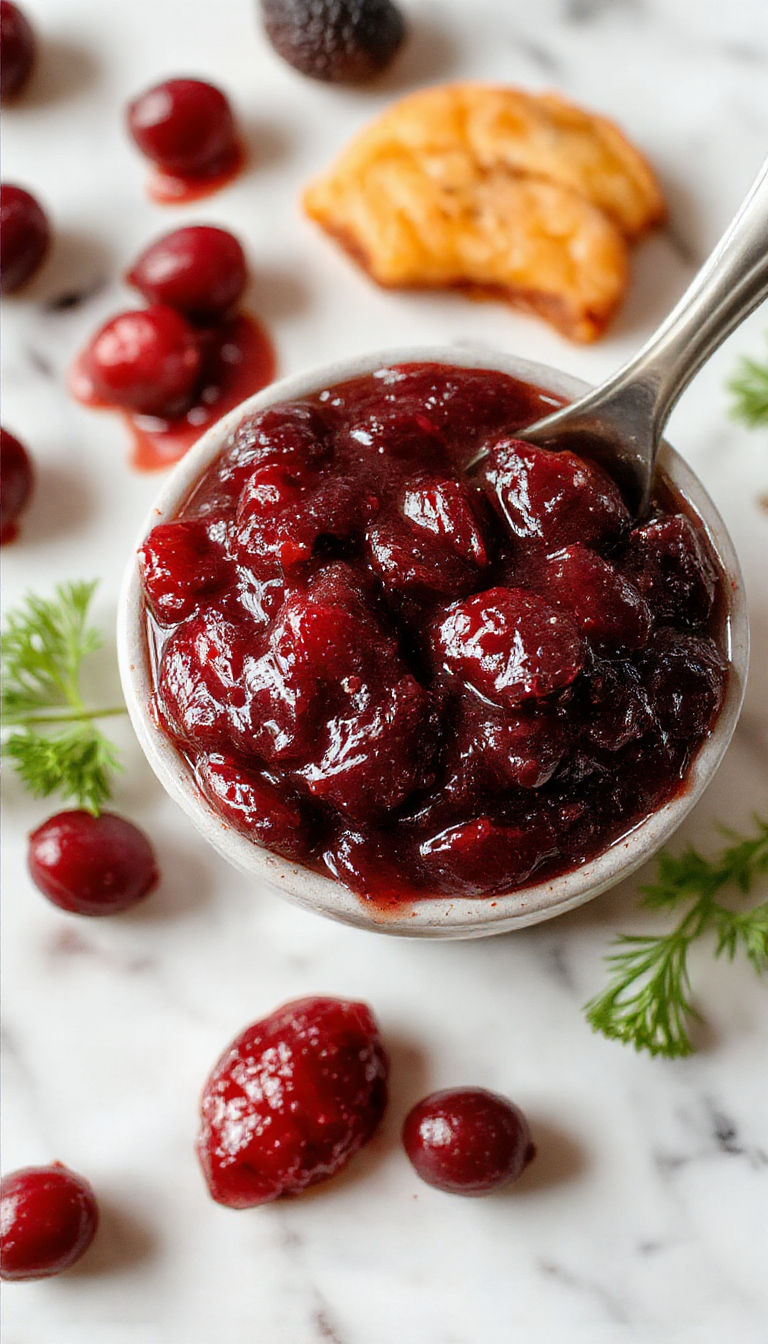 A vibrant bowl of deep red homemade cranberry sauce garnished with fresh cranberries and orange zest, served on a rustic wooden platter with a silver spoon and a sprig of mint, contrasting with a light-colored background and a festive table setting.