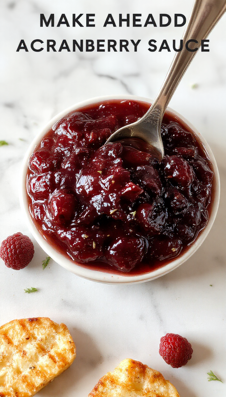 A glossy, vibrant red cranberry sauce served in a clear glass bowl topped with fresh rosemary sprigs, surrounded by whole cranberries and citrus slices on a rustic wooden table.