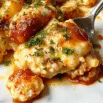 A golden-brown baked Italian chicken casserole in a rectangular ceramic dish, topped with melted cheese and garnished with fresh herbs. Visible layers of tender chicken, pasta, and vibrant vegetables are showcased with a crispy edge and a rich, cheesy surface.