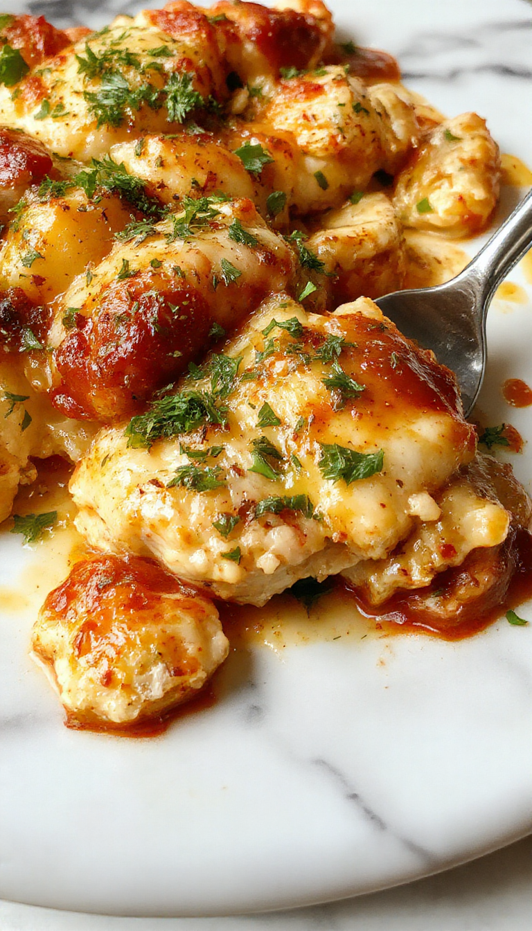 A golden-brown baked Italian chicken casserole in a rectangular ceramic dish, topped with melted cheese and garnished with fresh herbs. Visible layers of tender chicken, pasta, and vibrant vegetables are showcased with a crispy edge and a rich, cheesy surface.