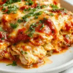 A golden-brown baked Italian chicken casserole served in a rustic white dish, topped with bubbling cheese and garnished with fresh herbs. The casserole reveals layers of tender chicken, pasta, and vibrant tomato sauce, with a crispy cheese crust on top, all presented against a wooden table backdrop.