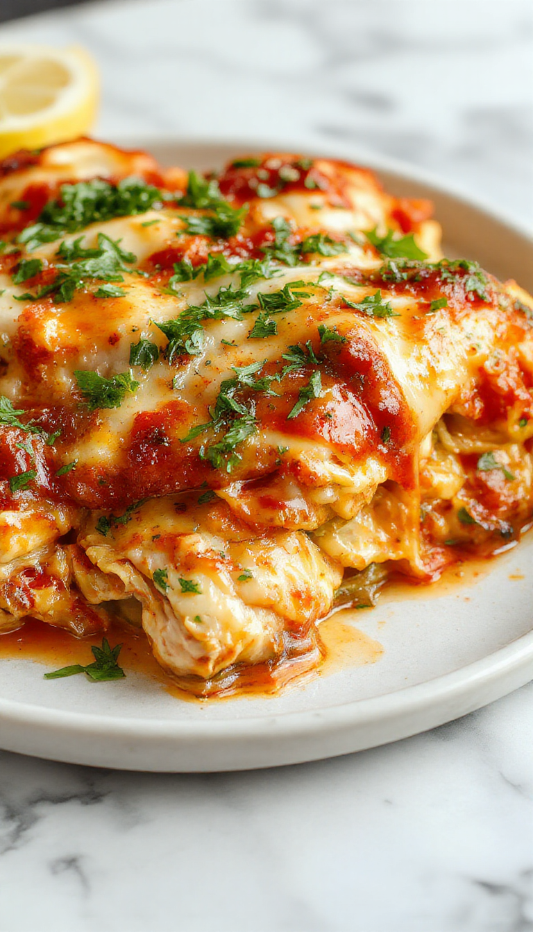 A golden-brown baked Italian chicken casserole served in a rustic white dish, topped with bubbling cheese and garnished with fresh herbs. The casserole reveals layers of tender chicken, pasta, and vibrant tomato sauce, with a crispy cheese crust on top, all presented against a wooden table backdrop.