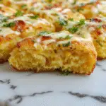 A golden-brown jalapeno cheddar cornbread slice with melted cheese and sliced green jalapenos on a rustic wooden board. The texture appears moist with a slightly crispy crust, garnished with a few jalapeno slices and chopped parsley for contrast.