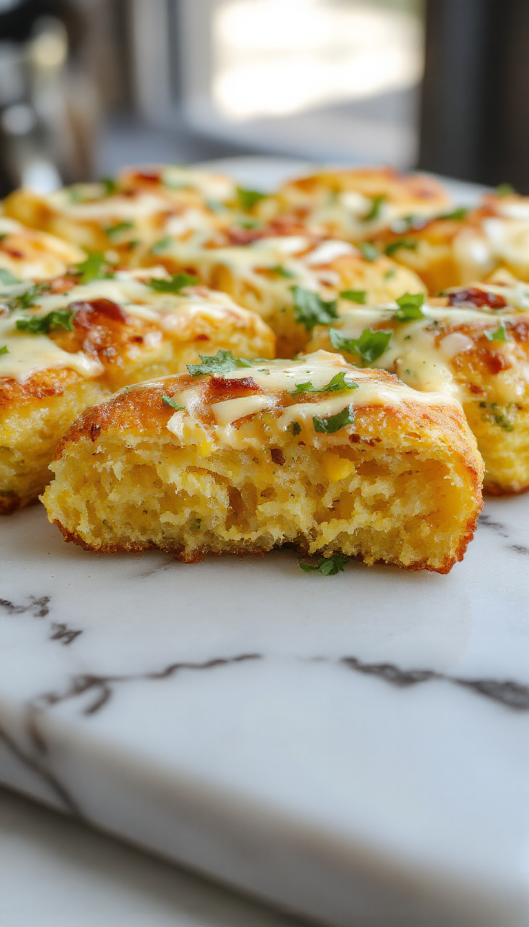 A golden-brown jalapeno cheddar cornbread slice with melted cheese and sliced green jalapenos on a rustic wooden board. The texture appears moist with a slightly crispy crust, garnished with a few jalapeno slices and chopped parsley for contrast.