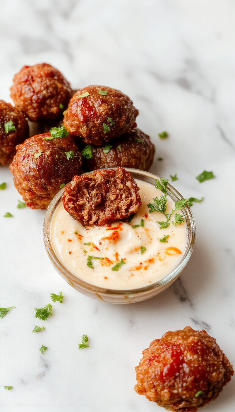 A close-up of a white plate featuring beautifully glazed Korean BBQ meatballs garnished with sesame seeds and chopped green onions. The meatballs are arranged neatly, showcasing their caramelized exterior and juicy interior. In the background, a small bowl of spicy mayo dip with a hint of red chili oil is visible, alongside a few fresh herbs for garnish.
