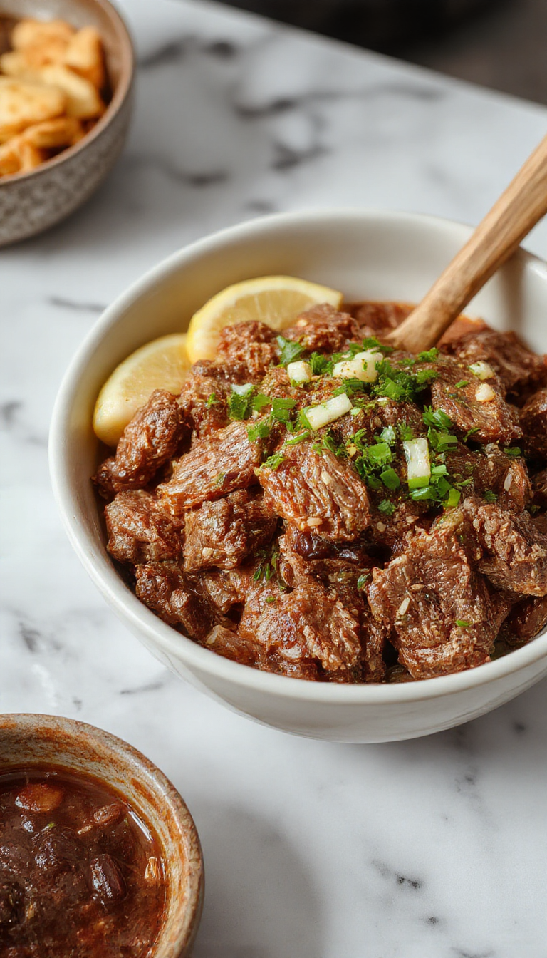 A vibrant Korean Ground Beef Bowl featuring seasoned ground beef atop fluffy white rice, garnished with chopped green onions and sesame seeds, presented in a deep bowl with some side vegetables visible for added color and texture.