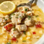 A steaming bowl of Lemon Chicken Orzo Soup featuring tender shredded chicken, plump orzo pasta, bright lemon slices, fresh herbs, and a clear, flavorful broth, garnished with lemon zest and chopped parsley, presented on a rustic wooden table.