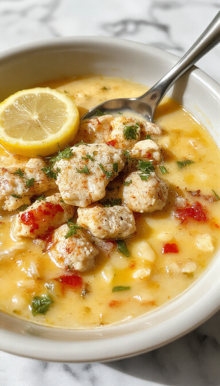 A steaming bowl of Lemon Chicken Orzo Soup featuring tender shredded chicken, plump orzo pasta, bright lemon slices, fresh herbs, and a clear, flavorful broth, garnished with lemon zest and chopped parsley, presented on a rustic wooden table.