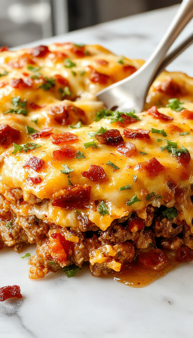 A close-up of a golden-brown bacon cheeseburger casserole in a rectangular baking dish topped with melted cheese, crispy bacon bits, and fresh chopped herbs, with a portion served on a plate showing layers of beef, cheese, and bacon.