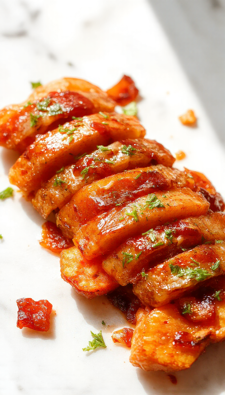 A close-up of several roasted carrots wrapped in crispy bacon, glazed with a shiny maple syrup, arranged on a rustic wooden platter. The caramelized edges of the bacon are visible, and the carrots are tender with a golden hue, garnished with a sprinkle of fresh herbs.