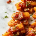A close-up of beautifully glazed bacon-wrapped carrots arranged on a rustic wooden platter, with the caramelized bacon crisp and glossy, and the carrots vibrant orange peeking through.