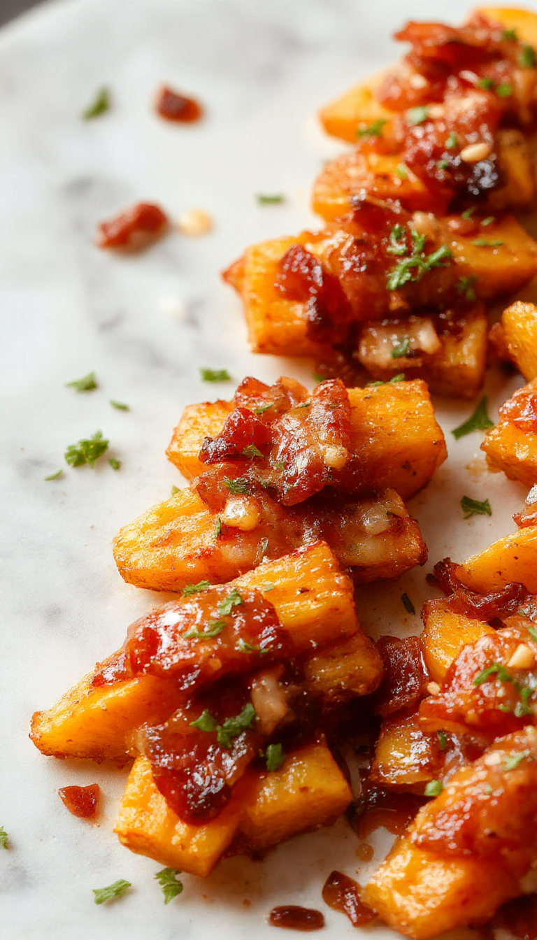 A close-up of beautifully glazed bacon-wrapped carrots arranged on a rustic wooden platter, with the caramelized bacon crisp and glossy, and the carrots vibrant orange peeking through.