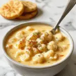 A creamy bowl of mac and cheese soup topped with a sprinkle of chopped herbs, featuring tender macaroni and vibrant broccoli florets in a rich, cheesy broth, with a spoon resting beside the bowl on a rustic wooden table.