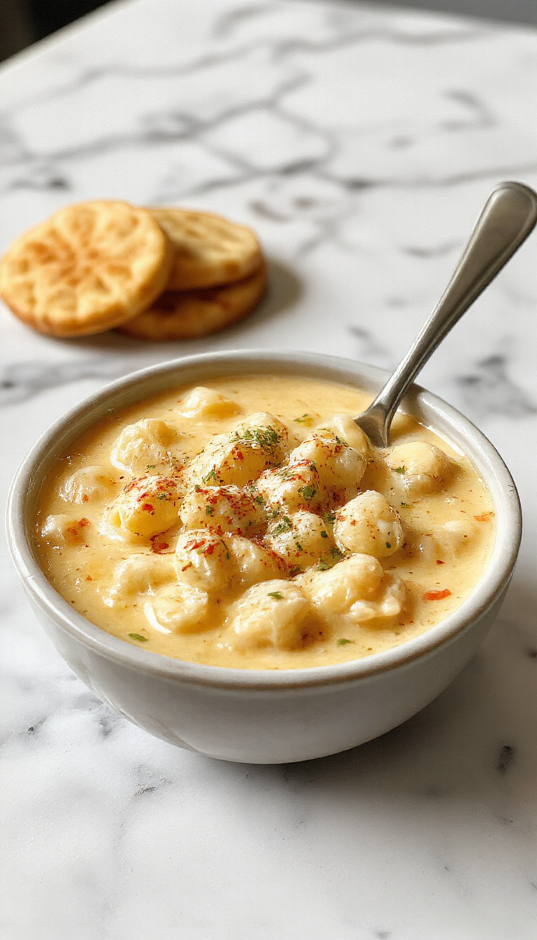 A creamy bowl of mac and cheese soup topped with a sprinkle of chopped herbs, featuring tender macaroni and vibrant broccoli florets in a rich, cheesy broth, with a spoon resting beside the bowl on a rustic wooden table.