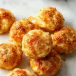 A close-up of golden-brown Cheese Mashed Potatoe Puffs arranged on a rustic wooden platter. The puffs are crispy on the outside with a slightly cracked surface, revealing a creamy cheesy mashed potato filling inside. Garnished with fresh chopped herbs, and served with a side of vibrant green dipping sauce, this appetizing display emphasizes their bite-sized, savory appeal.