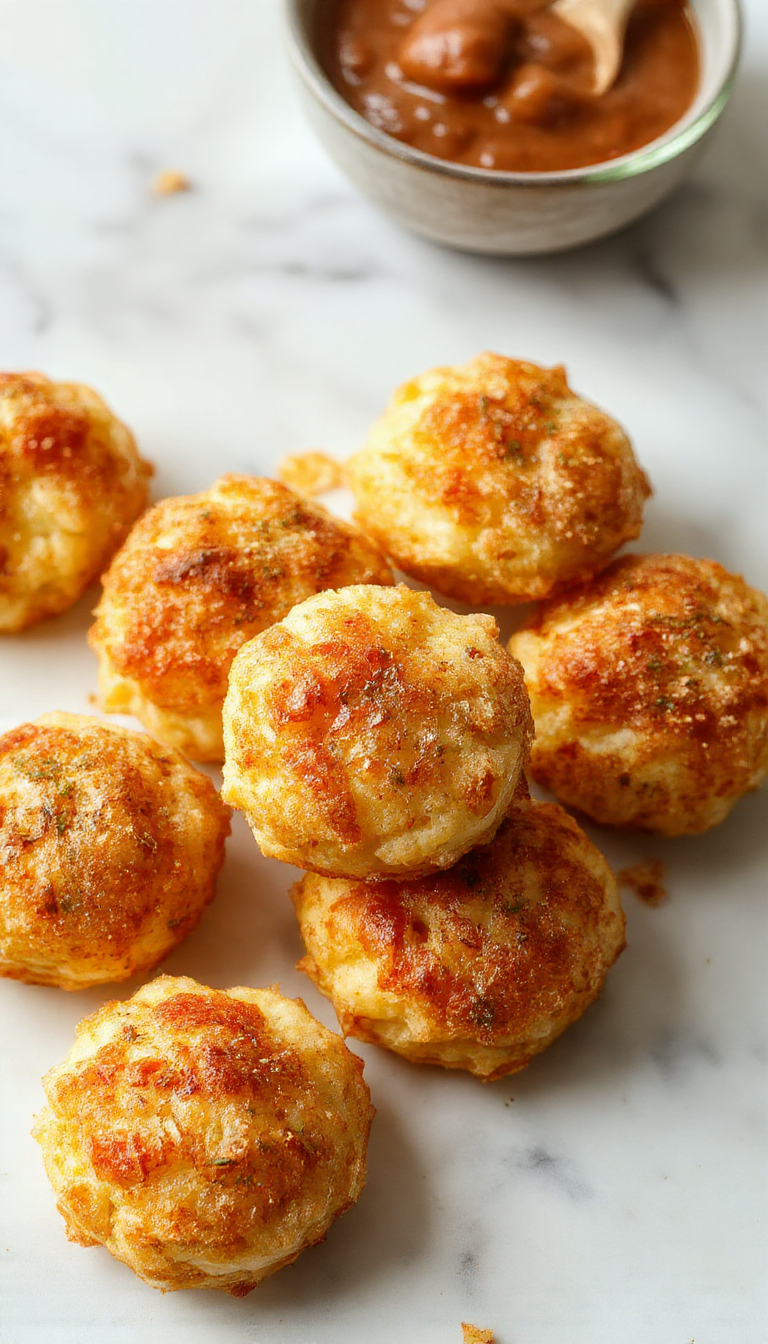 A close-up of golden-brown Cheese Mashed Potatoe Puffs arranged on a rustic wooden platter. The puffs are crispy on the outside with a slightly cracked surface, revealing a creamy cheesy mashed potato filling inside. Garnished with fresh chopped herbs, and served with a side of vibrant green dipping sauce, this appetizing display emphasizes their bite-sized, savory appeal.