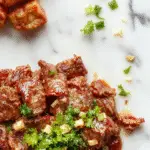 A well-organized meal prep container featuring a glossy, stir-fried ground beef with a rich teriyaki glaze, sliced green onions and sesame seeds topping the beef, alongside fluffy steamed white rice. The vibrant colors of the meat and garnishes contrast against the sleek, clear container, with a neatly arranged palate and a hint of chopsticks resting beside it. The presentation highlights the savory, glazed surface of the beef and the fresh green garnishes, emphasizing a balanced and appetizing meal.