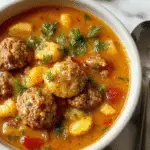 A steaming bowl of Italian meatball soup showcasing plump meatballs, vibrant vegetables, and herbs in a clear broth, garnished with fresh parsley, served in a rustic white bowl.