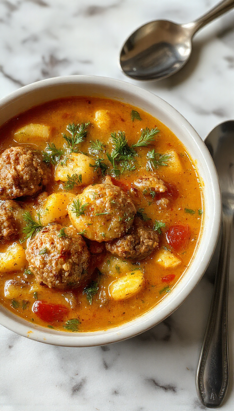 A steaming bowl of Italian meatball soup showcasing plump meatballs, vibrant vegetables, and herbs in a clear broth, garnished with fresh parsley, served in a rustic white bowl.
