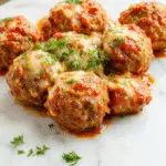 A close-up of golden-brown Italian meatballs resting on a rustic ceramic plate, garnished with fresh parsley. The meatballs are nestled in a rich tomato sauce with visible herbs and are accompanied by a side of al dente pasta. The background features a wooden table with a fork and a glass of red wine, evoking an inviting Italian dinner scene.