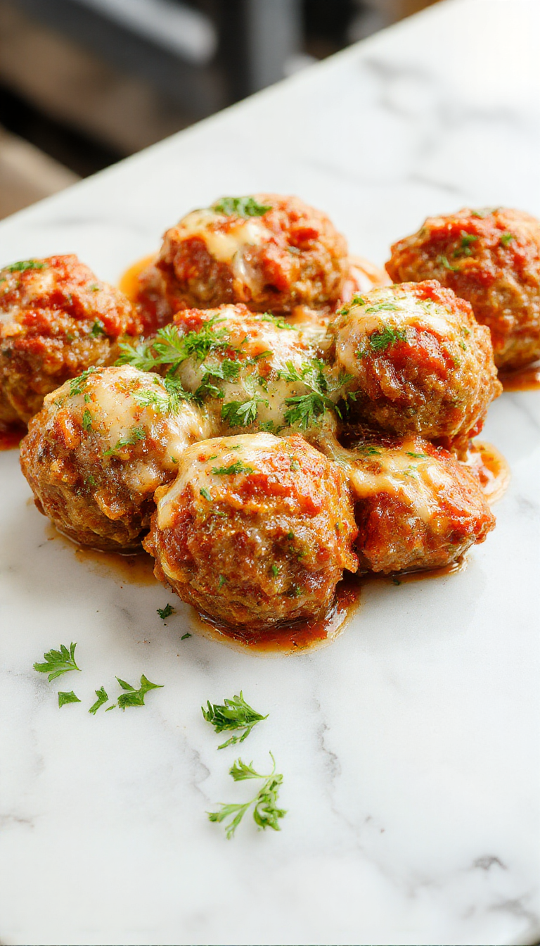 A close-up of golden-brown Italian meatballs resting on a rustic ceramic plate, garnished with fresh parsley. The meatballs are nestled in a rich tomato sauce with visible herbs and are accompanied by a side of al dente pasta. The background features a wooden table with a fork and a glass of red wine, evoking an inviting Italian dinner scene.