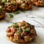 A close-up of vibrant mini meatloaf pepper rings arranged on a white plate. The rings are made from bright red, yellow, and green bell peppers filled with a savory meatloaf mixture, topped with melted cheese. The peppers are sliced into thick rings, showcasing the juicy, seasoned filling inside, with a glossy, saucy surface and a sprinkle of herbs garnished on top.