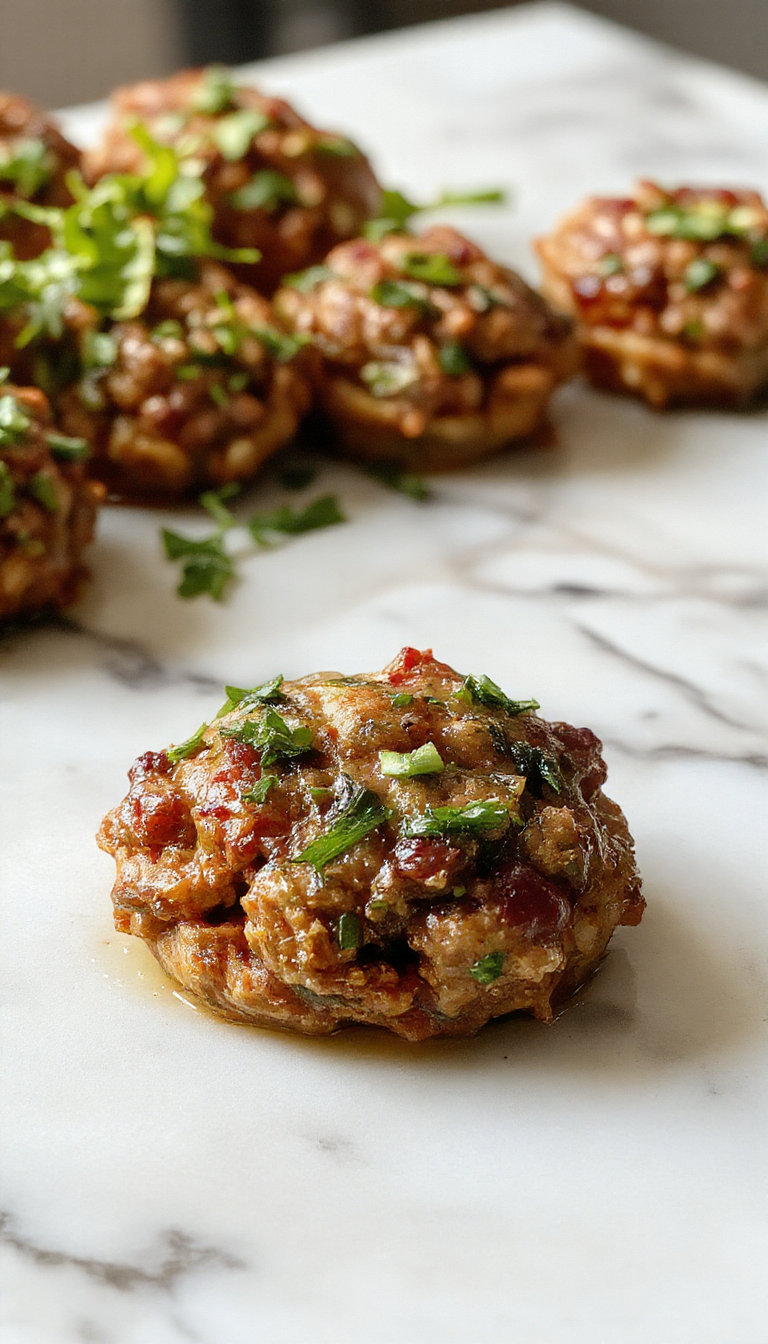A close-up of vibrant mini meatloaf pepper rings arranged on a white plate. The rings are made from bright red, yellow, and green bell peppers filled with a savory meatloaf mixture, topped with melted cheese. The peppers are sliced into thick rings, showcasing the juicy, seasoned filling inside, with a glossy, saucy surface and a sprinkle of herbs garnished on top.