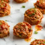 A close-up of mini meatloaf pepper rings arranged on a rustic wooden platter. The rings are golden-brown with a slightly crispy exterior, each topped with melted Parmesan cheese and garnished with fresh herbs. Bright red and green bell pepper rings encircle the meatloaf portions, adding vibrant color contrast and a fresh, inviting look.