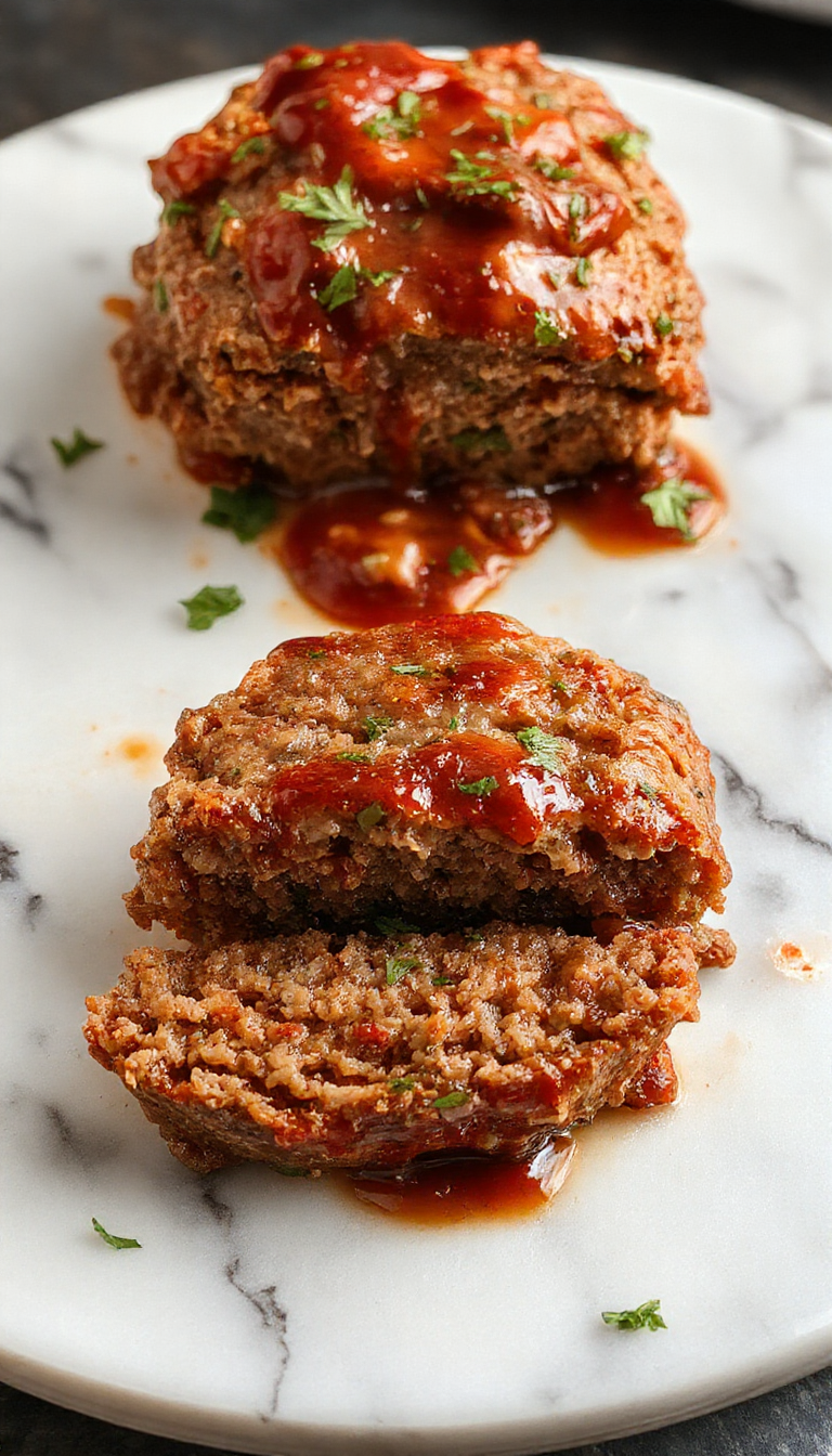 A close-up of several savory mini meatloaves baked to a golden brown, arranged neatly on a white plate. Each mini meatloaf is topped with a thin glaze and garnished with fresh herbs, displaying a moist, tender texture with crispy edges. The background features a rustic wooden table and a side of colorful vegetables, highlighting the comforting and homey appeal.